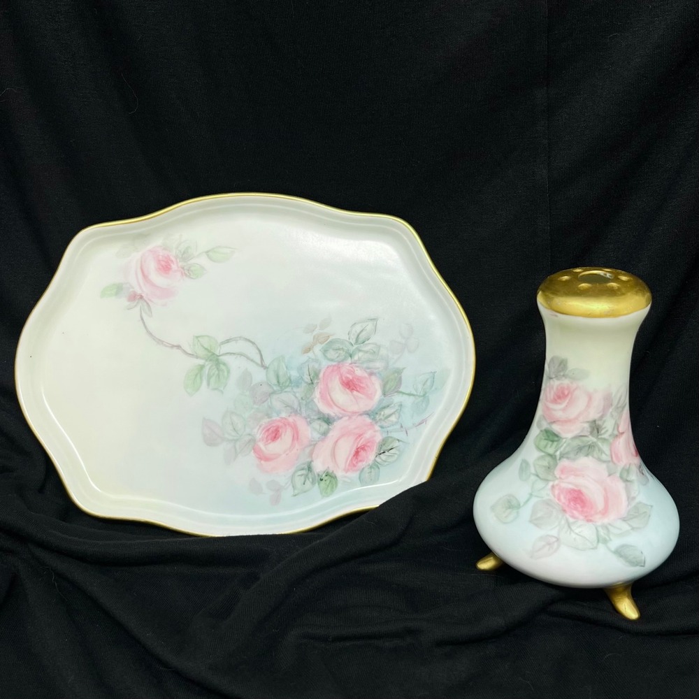 Limoges Handpainted Antique Porcelain Vanity Tray & Hat Pin Holder Roses Floral‎
